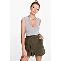 Longer Length Tie Belt Pleated Shorts - khaki