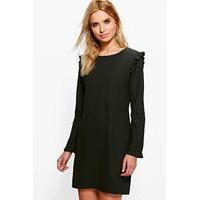 Long Sleeved Ruffle Shift Dress - black