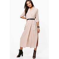 Long Sleeve Pocket Front Shirt Dress - sand