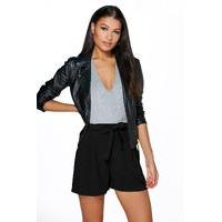 Longer Length Tie Belt Pleated Shorts - black