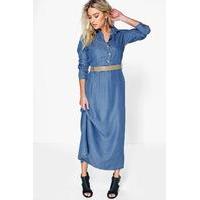 long sleeve button through denim maxi dress mid blue