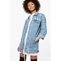 Long Line Distressed Boyfriend Jacket - blue