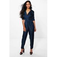 long sleeve wrap over collared jumpsuit navy
