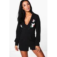 long sleeve embroidered playsuit black