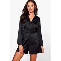 Long Sleeved Wrap Front Satin Playsuit - black