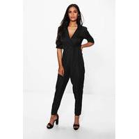 Long Sleeve Wrap Over Collared Jumpsuit - black