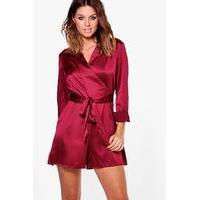 Long Sleeved Wrap Front Satin Playsuit - berry