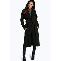 Longline Belted Wool Look Trench - black