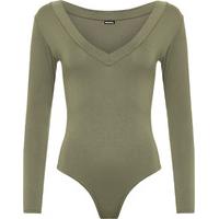 Lorna Basic V-Neck Long Sleeve Bodysuit - Khaki