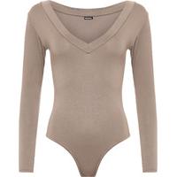 Lorna Basic V-Neck Long Sleeve Bodysuit - Mocha