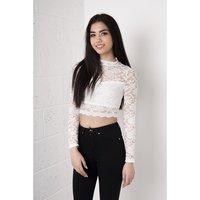 long sleeved lace crop top in white