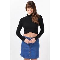 long sleeve high neck crop top in black