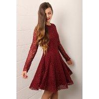 Long Sleeve Lace Skater Dress in Wine