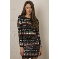 Long Sleeve Aztec Print Sequin Dress