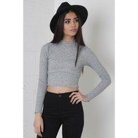 Long Sleeve Cropped Polo Neck Top in Grey