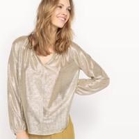 Long-Sleeved Lamé Blouse