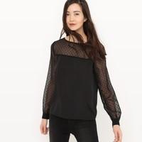 Long-Sleeved Blouse with Raised Satin Stitch Inset