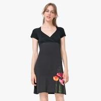 Low-Cut Short-Sleeved Dress with Floral Pattern