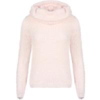 Lola V Neck Fluffy Knit Jumper with Detachable Snood in Pale Pink  Amara Reya