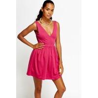 Low V Fuchsia Mini Skater Dress