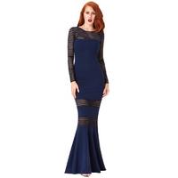 Long Sleeved Fishtail Maxi Dress with Stripes - Navy