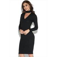 Long Sleeved Ribbed Choker Bodycon Dress