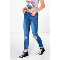 Low Rise Distressed Skinny Jeans - mid blue