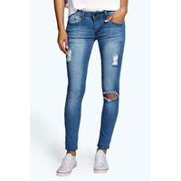 Low Rise Distressed Knee Rip Skinny Jeans - blue