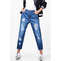 Low Rise Distressed Mom Jeans - mid blue