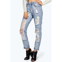 Low Rise Heavy Distress Boyfriend Jeans - pale blue