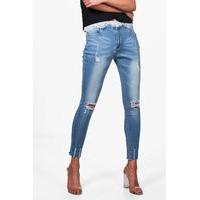 Low Rise Destroyed Hem Skinny Jeans - blue