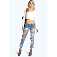 Low Rise Ripped & Distressed Boyfriend Jeans - mid blue