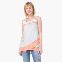 Long Draped Vest Top with Stripes and Rosette Print