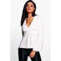 Long Sleeve Wrap Flared Sleeve Peplum - white