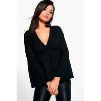 Long Sleeve Wrap Flared Sleeve Peplum - black