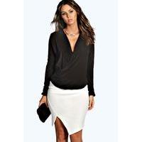 long sleeve wrap front slinky top black