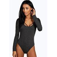 Long Sleeve Strappy Front Body - charcoal