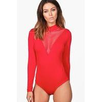 Long Sleeve Mesh Plunge Body - red