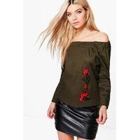 long sleeve embroidered woven bardot khaki