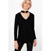 long sleeve rib choker trim top black