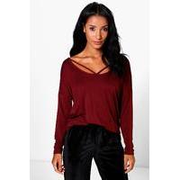 long sleeve strappy front oversized t shirt wine