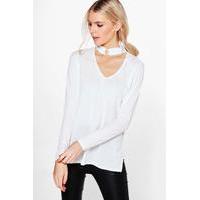 long sleeve rib choker trim top white