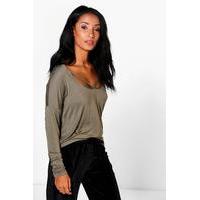 Long Sleeve Strappy Front Oversized T-Shirt - khaki