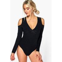 Long Sleeve Cold Shoulder Bodysuit - black