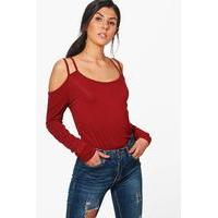 Long Sleeve Cold Shoulder Strappy Top - burgundy