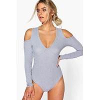 Long Sleeve Cold Shoulder Bodysuit - silver