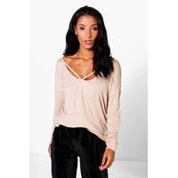 long sleeve strappy front oversized t shirt stone