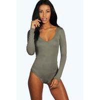 Long Sleeve V Neck Bodysuit - khaki