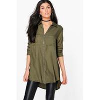 Longline Zip Front Shirt - khaki