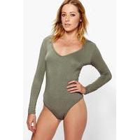 Long Sleeve Thong V Neck Body - khaki